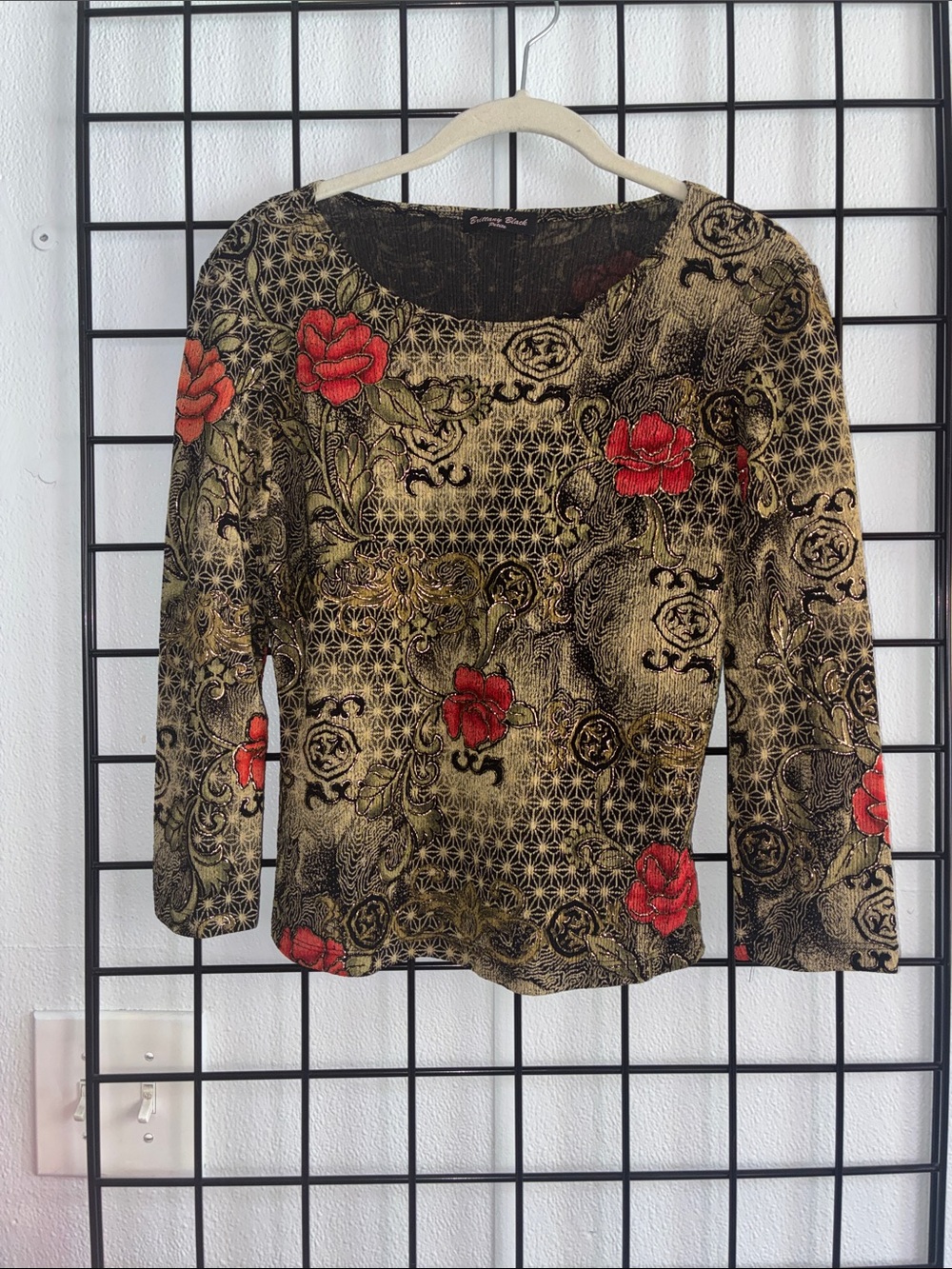 Chico's Black & Gold Scoop Neck Top with Red Floral Embroidery
